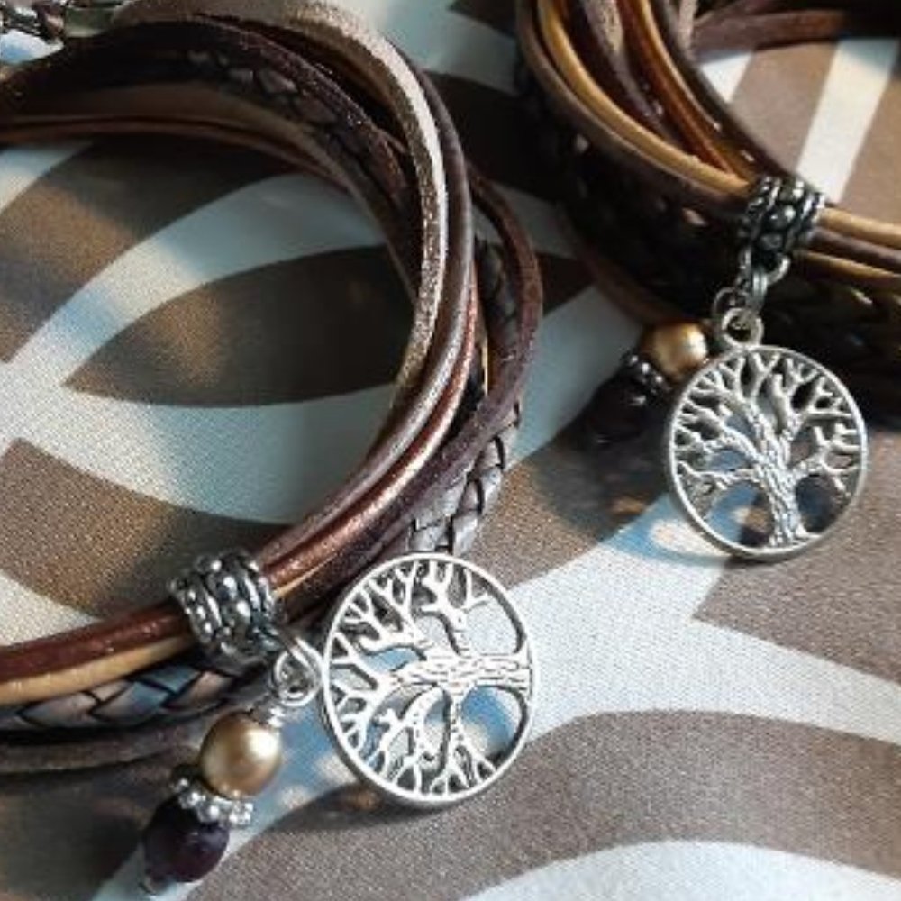 2 BOHO Tree of Life Leather Wrap Bracelets Browns